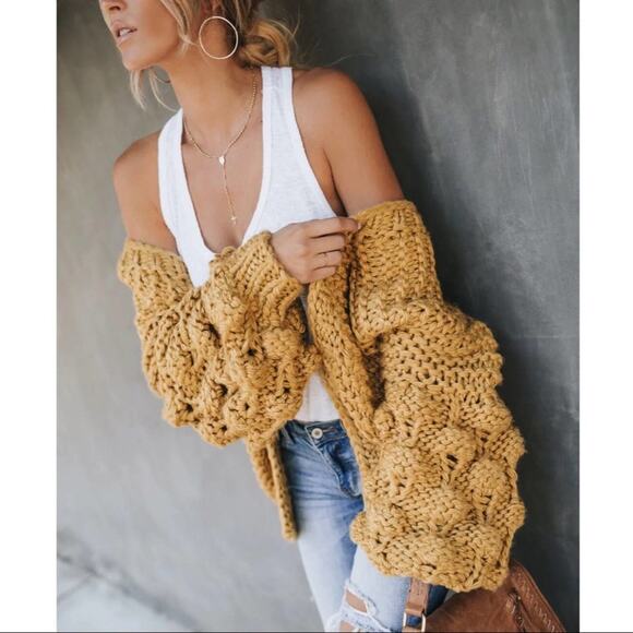 Golden Hour Glow slouchy billowy oversized honeycomb pom slv cardigan sweater - Picture 2 of 9